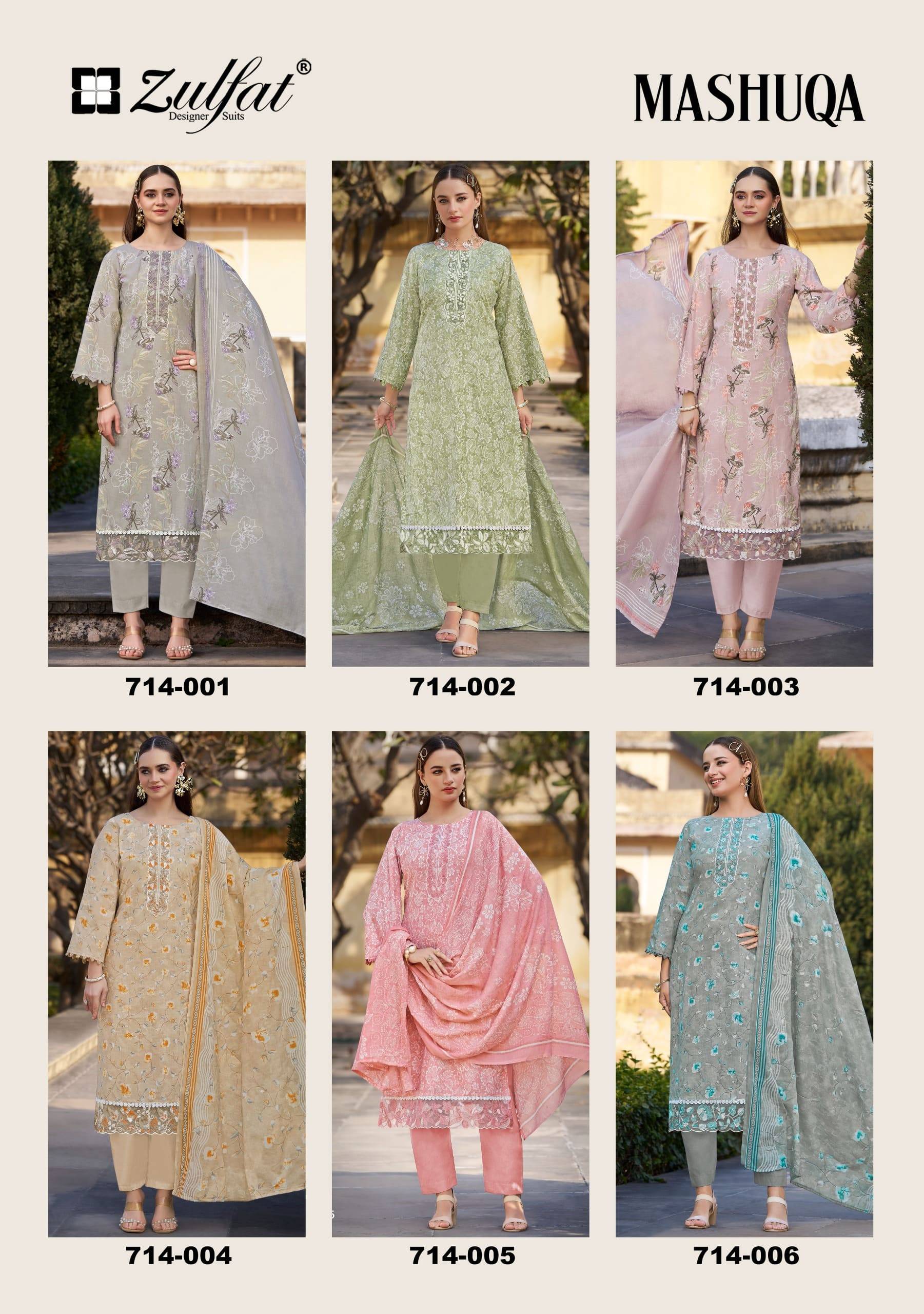 Mashuqa by zulfat  714-001 to 714-006 Series Beautiful Festive Suits Stylish Fancy Colorful Casual Wear & Ethnic Wear Pure Jam Cotton Dresses At Wholesale Price